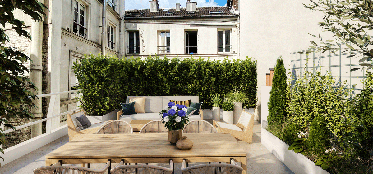 Terrasse d'un appartement entièrement rénové dans le 9e arrondissement de Paris.